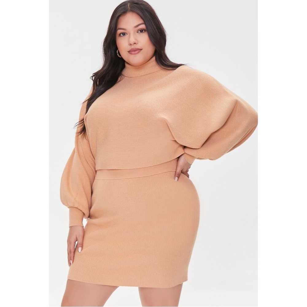 Taupe Color Plus Size Sweater-Knit Top & Skirt Set